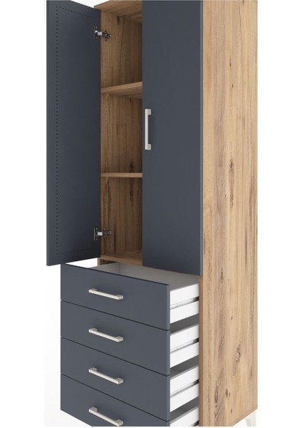 Hyperion Dolap 3 Raflı 4 Çekmeceli 2 Kapaklı 60X44X195 Çam-Antrasit indirimleri