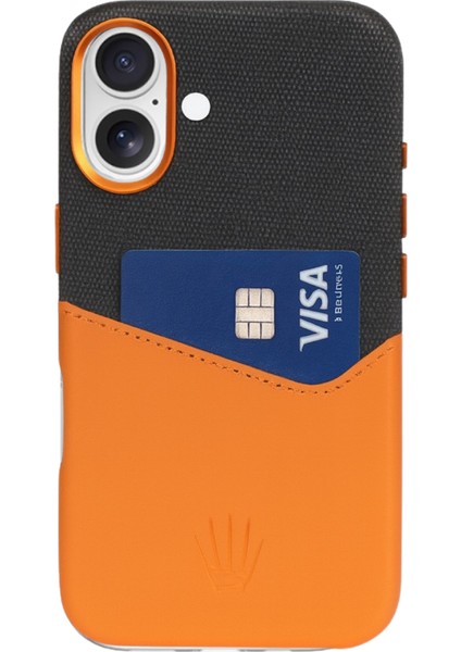 Nova Iphone 16 Deri Kartlıklı Telefon Kılıfı Siyah-Turuncu