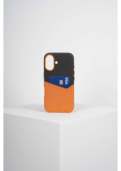 Nova Iphone 16 Deri Kartlıklı Telefon Kılıfı Siyah-Turuncu modelleri