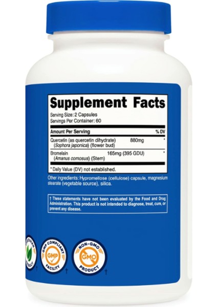 Quercetin With Bromelain, 880MG Quercetin + 165MG Bromelain Per Serving, 120 Capsules. fiyatları