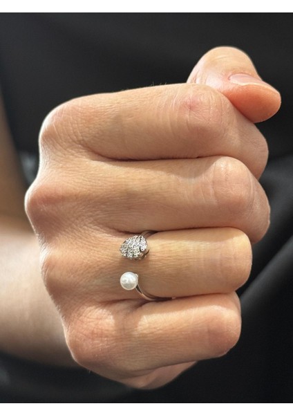 Inci ve Taş Detaylı Ayarlanabilir Şık Kadın Yüzük – Gümüş Renk