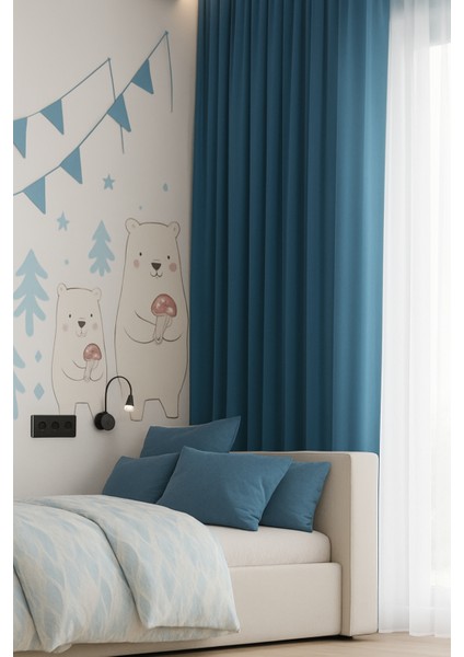 Mavi Hasır Keten Fon Perde - Pilesiz Dikim - MV5233