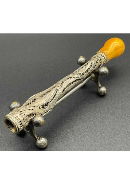 Osmanlı Dönemi Aznavur Işçiliği Damla Kehribar Tepeli Gümüş Sigara Ağızlığı AOB2992