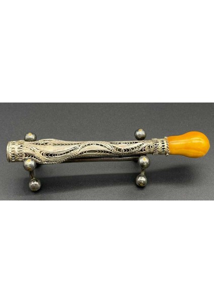 Osmanlı Dönemi Aznavur Işçiliği Damla Kehribar Tepeli Gümüş Sigara Ağızlığı AOB2992 modelleri