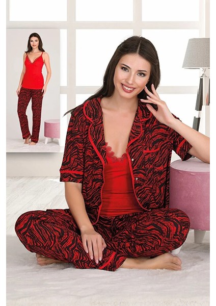 Kırmızı Viskon Kumaş Kısa Kollu Gömlekli ve Askılı 3 Lü Pijama Takımı