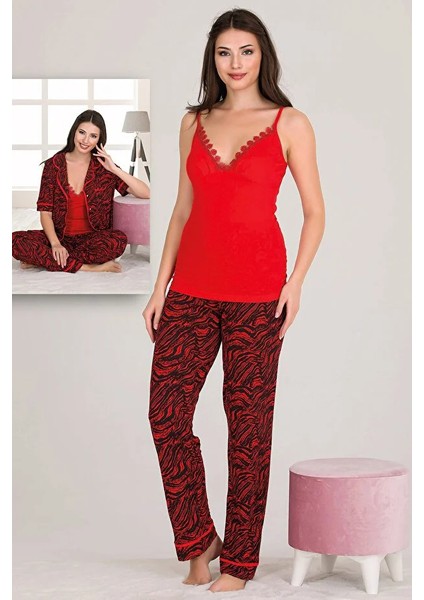 Kırmızı Viskon Kumaş Kısa Kollu Gömlekli ve Askılı 3 Lü Pijama Takımı fiyatları
