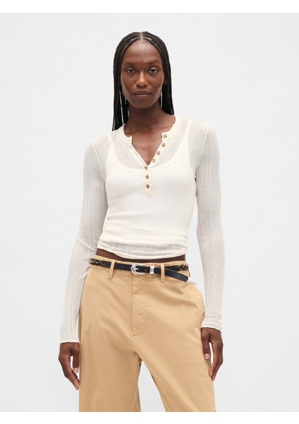 Kadın Beyaz Transparan Fitilli Henley Kazak