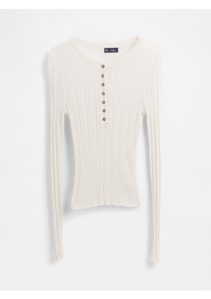 Kadın Beyaz Transparan Fitilli Henley Kazak modelleri