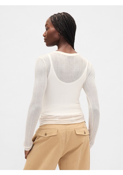 Kadın Beyaz Transparan Fitilli Henley Kazak indirimleri