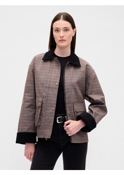Kadın Kahverengi Kareli Ahşap Ceket
