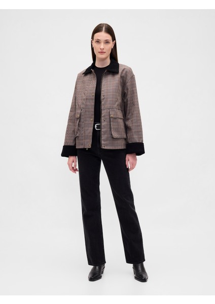 Kadın Kahverengi Kareli Ahşap Ceket