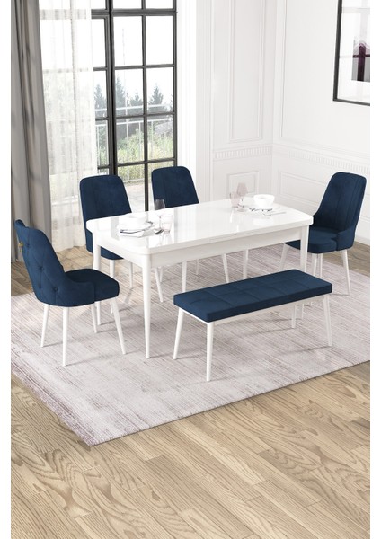 Nice Beyaz 80X132 Açılabilir Mdf Masa Yemek Odası Takımı, Mutfak Takımı 4 Adet Sandalye, 1 Bench