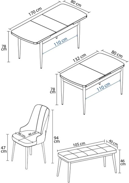 Nice Beyaz 80X132 Açılabilir Mdf Masa Yemek Odası Takımı, Mutfak Takımı 4 Adet Sandalye, 1 Bench