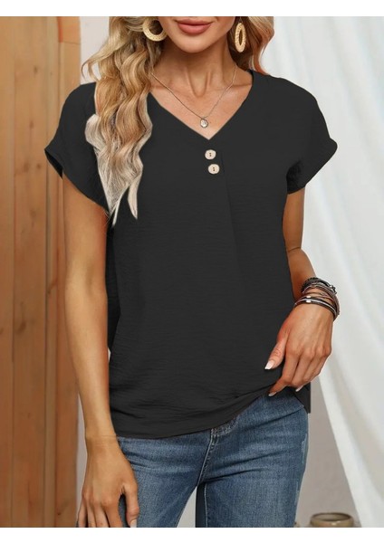 Kadın Kısa Kollu Önü Düğmeli V Yaka Aerobin Bluz