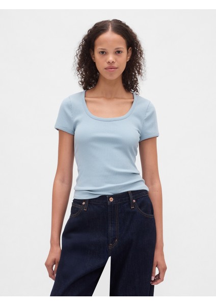 Kadın Açık Mavi Modern Fitilli Crop T-Shirt