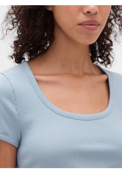 Kadın Açık Mavi Modern Fitilli Crop T-Shirt modelleri