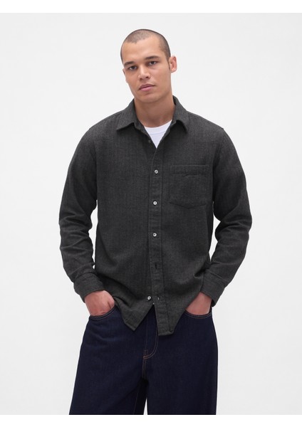 Erkek Siyah Organik Pamuk Relaxed Flannel Gömlek