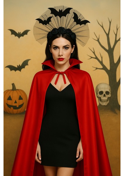 Cadılar Bayramı Kırmızı Pelerin & Yarasalı Siyah Güllü Taç Seti – Şeytani Vampir Kostüm