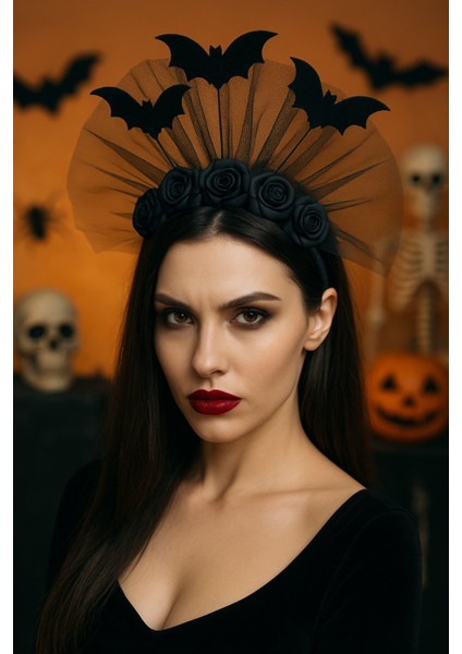 Cadılar Bayramı Kırmızı Pelerin & Yarasalı Siyah Güllü Taç Seti – Şeytani Vampir Kostüm fiyatları