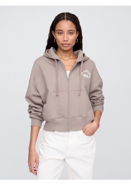 Kadın Kahverengi Oversized Gap Logo Grafik Fermuarlı Sweatshirt