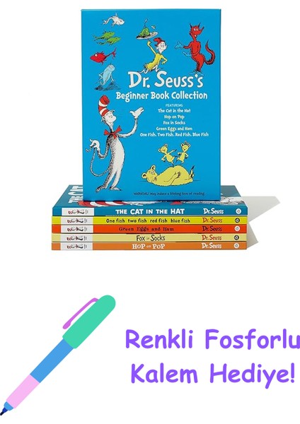Dr. Seuss's Beginner Book Boxed Set Collection: The Cat In The Hat; One Fish Two Fish Red Fish Blue Fish; Green Eggs And Ham; Hop On Pop; Fox In Socks + Fosforlu Kalem Hediye