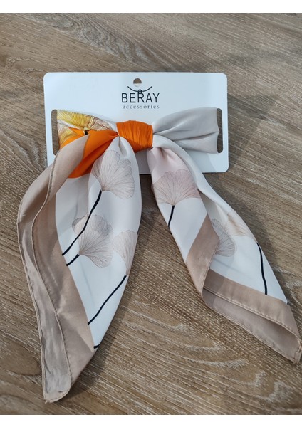 Beray 70*70 cm Desenli Saten Fular Bej Ekru Desenli