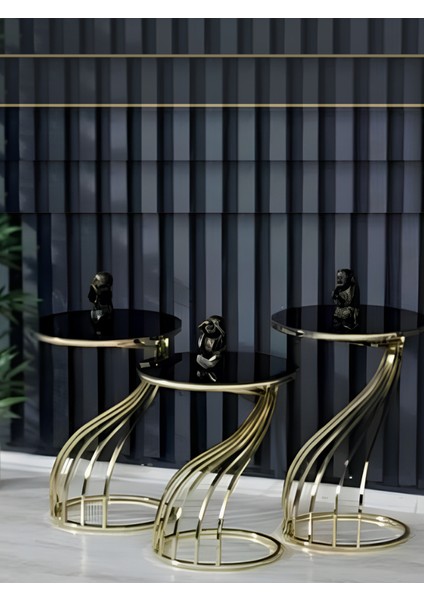 3'lü Jura Zigon Sehpa Seti Gold Ayak Siyah Cam