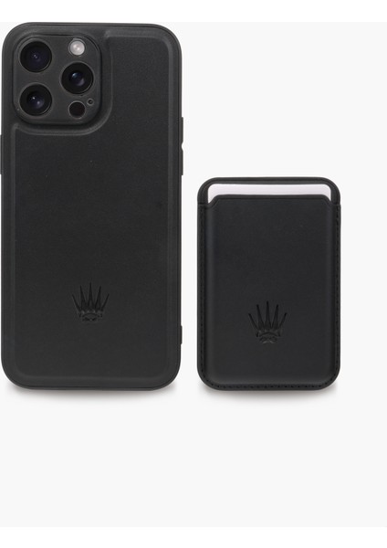 IPHONE 15 Pro Max Siyah Magsafe Özellikli Deri Telefon Kılıfı & Kartlık