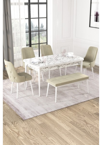 Nice Beyaz Mermer Desen 80X132 Açılabilir Mdf Masa Yemek Odası Takımı, Mutfak Takımı 4 Adet Sandalye, 1 Bench