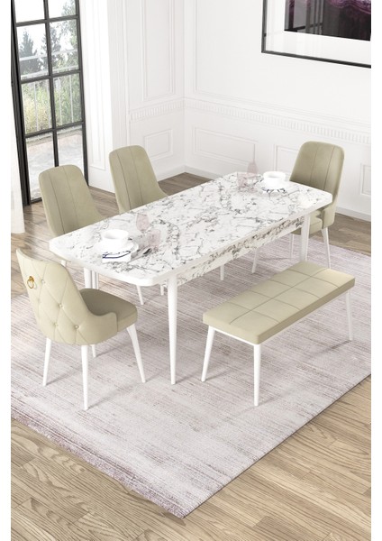 Nice Beyaz Mermer Desen 80X132 Açılabilir Mdf Masa Yemek Odası Takımı, Mutfak Takımı 4 Adet Sandalye, 1 Bench fiyatları
