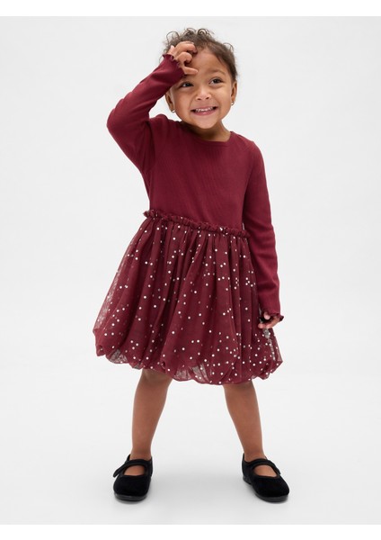 Kız Bebek Bordo Mixed Media Bubble Elbise