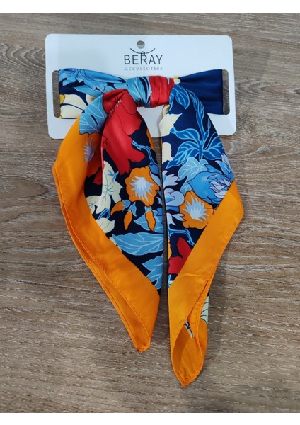 Beray 70*70 cm Desenli Saten Fular Turuncu Mavi Desenli
