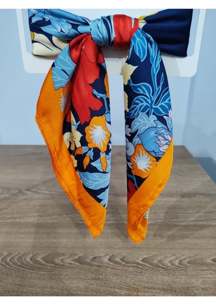 Beray 70*70 cm Desenli Saten Fular Turuncu Mavi Desenli modelleri