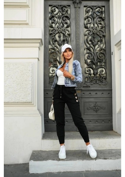 Kadın Yüksek Bel Lastikli Yanlardan Düğmeli Viskon Iki Iplik Pantolon fırsatları