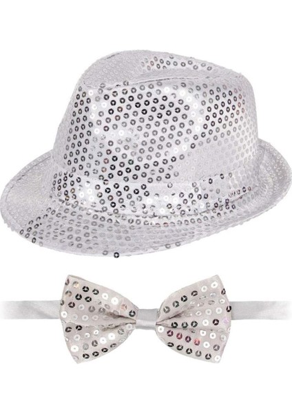 Gümüş Payetli Şapka ve Papyon Seti – Parıltılı Yetişkin Kostüm Seti