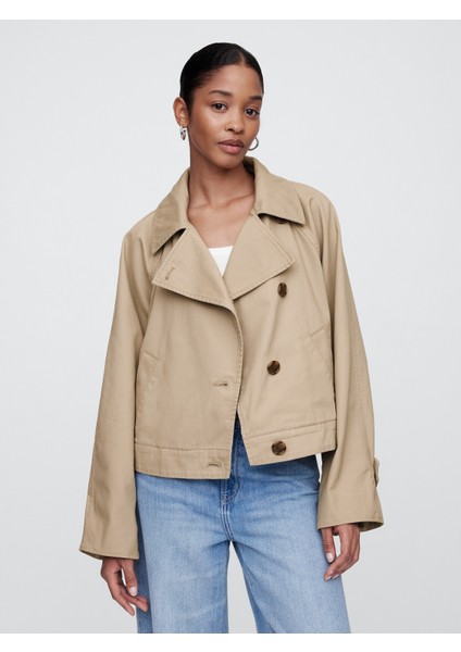 Kadın Bej Crop Kesim Trençkot