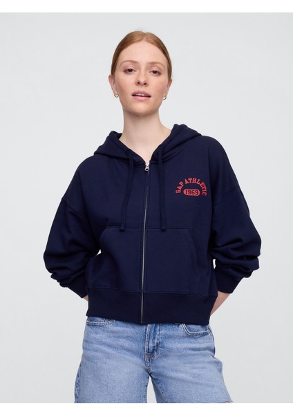Kadın Lacivert Oversized Gap Logo Grafik Fermuarlı Sweatshirt
