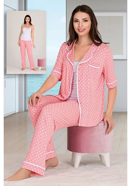 Lady Puantiyeli Viskon Kumaş Kısa Kollu Gömlekli ve Askılı 3 Lü Pijama Takımı