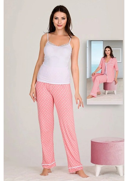 Lady Puantiyeli Viskon Kumaş Kısa Kollu Gömlekli ve Askılı 3 Lü Pijama Takımı fiyatları