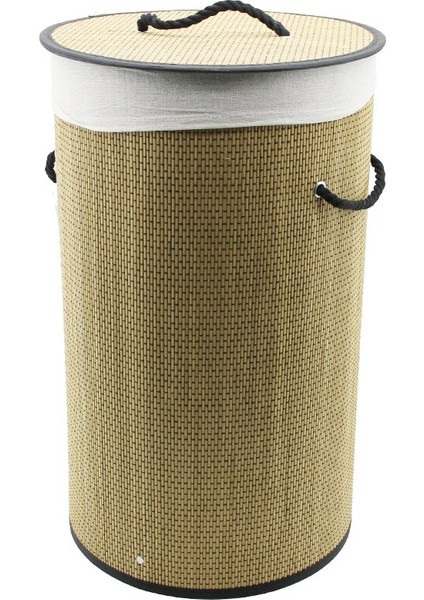 YUVARLAK HASIR - AHŞAP KİRLİ ÇAMAŞIR SEPETİ 37X60CM SEYYAR KAPAKLI İÇİ BEZLİ İP KULPLU (4989)