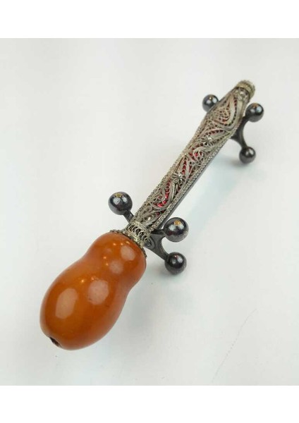 Osmanlı Damla Kehribar Gümüş Telkari Sigara Ağızlığı AOB158