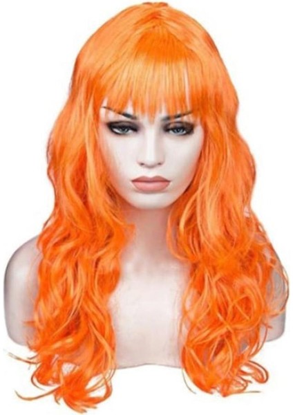 Turuncu Renk Astarlı Dalgalı Kesim Parti Peruğu