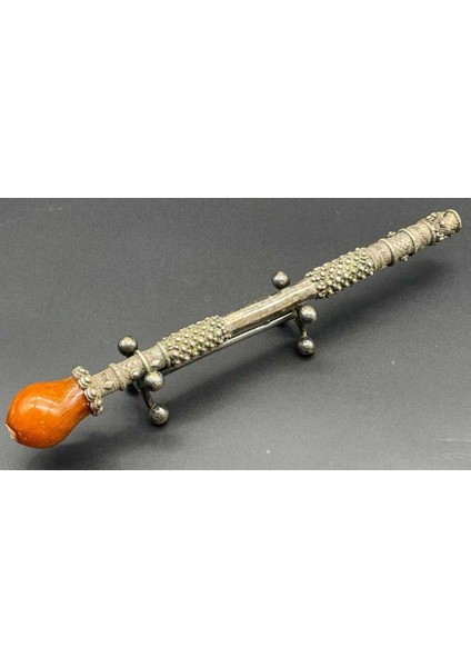 Osmanlı Dönemi Aznavur Işçiliği Damla Kehribar Tepeli Gümüş Sigara Ağızlığı AOB2991 fırsatları