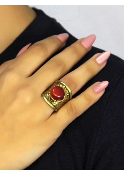 Doğal Taşlı Akik Doğal Taşlı Hasır Model Ayarlanabilir Kadın Doğal Taşlı Yüzük EUY28AK