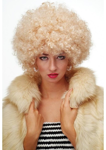 Altın Renk Kıvırcık Afro Bonus Peruk Saç Parti Peruğu Platin Gold