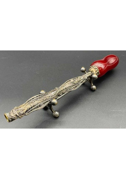 Osmanlı Dönemi Aznavur Işçiliği Sıkma Kehribar Tepeli Gümüş Sigara Ağızlığı AOB2986