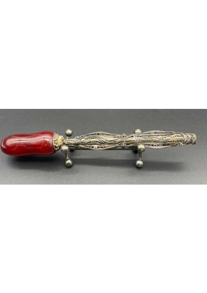 Osmanlı Dönemi Aznavur Işçiliği Sıkma Kehribar Tepeli Gümüş Sigara Ağızlığı AOB2986 fiyatları