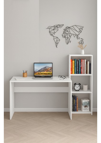 Modestik Kitaplıklı Çalışma Masası Beyaz