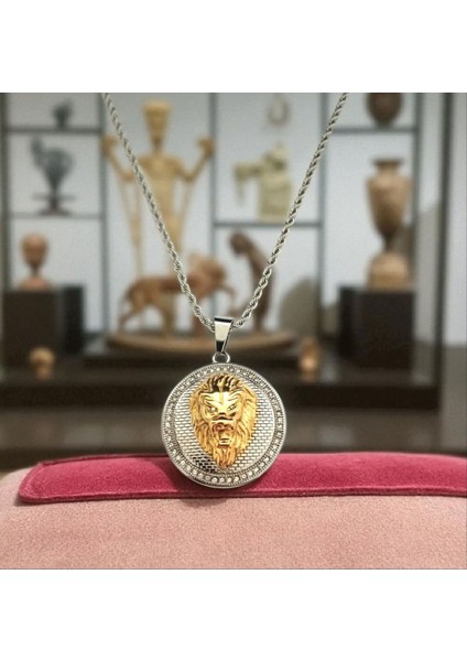 Erkek Zirkon Taşlı Aslan Figürlü Çelik Kolye