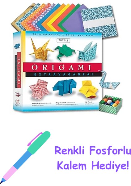 Origami Extravaganza! Folding Paper, A Book, And A Box: Origami Kit Includes Origami Book, 38 Fun Projects And 162 Origami Papers: Great For Both Kids And Adults + Fosforlu Kalem Hediye